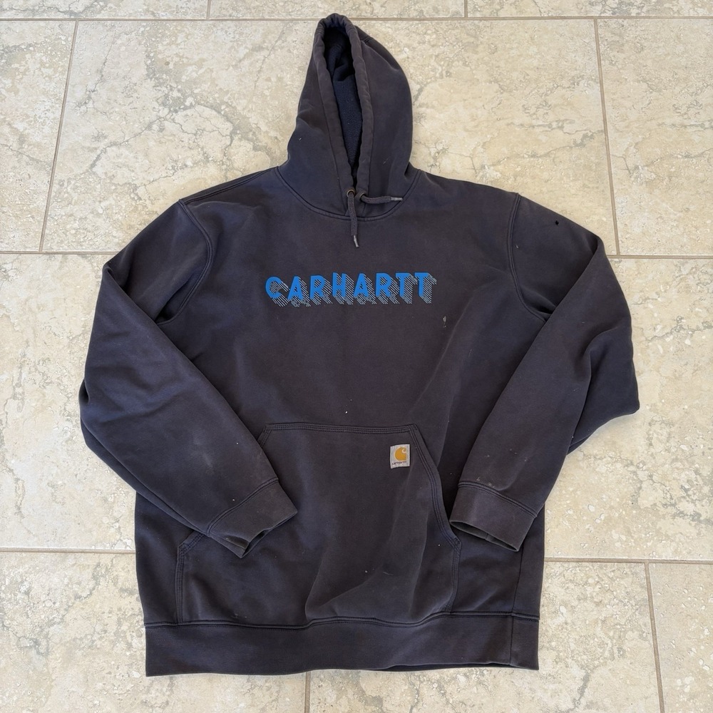 Carhartt Rain Defender Hoodie Men's Sz L Loose Fit Spellout Logo Blue Small Hole